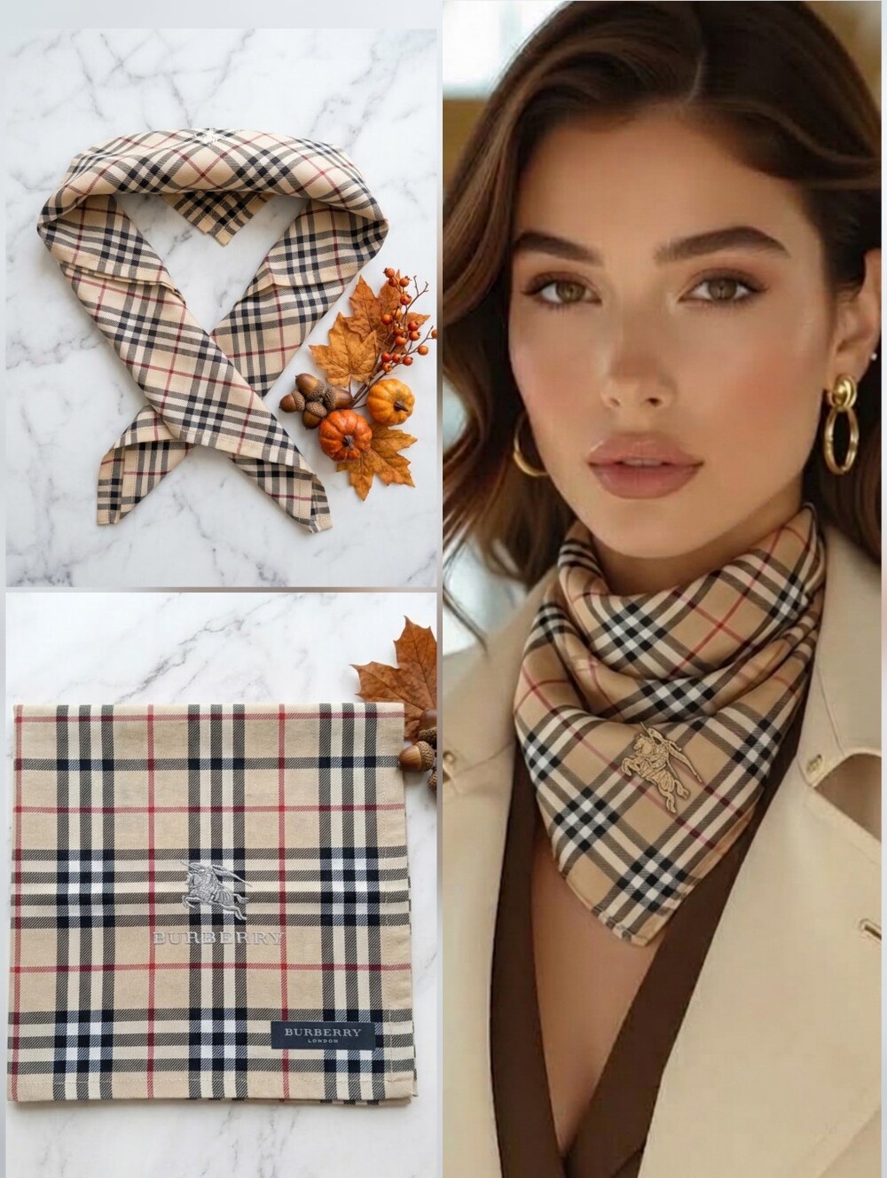 NWT Burberry Classic Beige Check Cotton Square Scarf Handkerchief 🍁